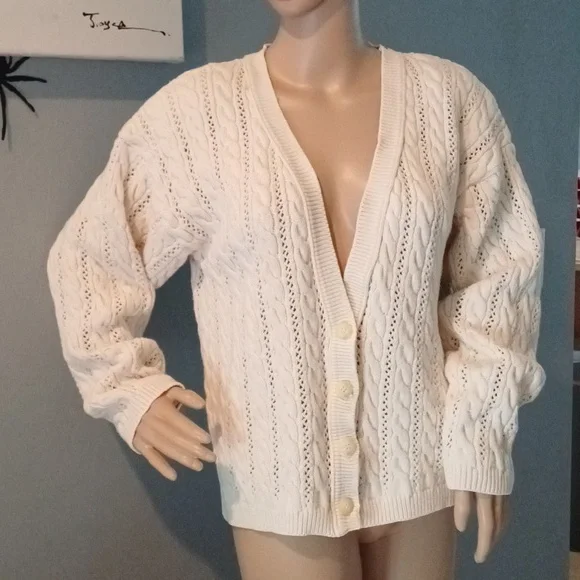 🔥🔥🔥Christie & Jill vintage cableknit V-neck cream cardigan M - Picture 1 of 14